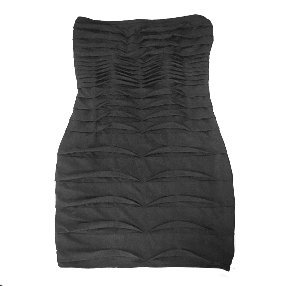 Ruched black strapless mini dress